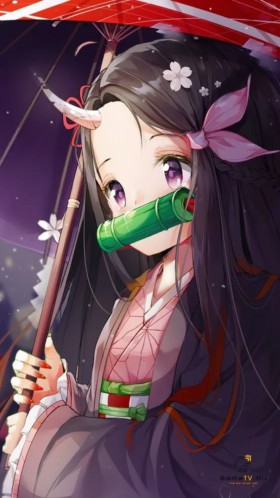 Hình anime nezuko cầm ô
